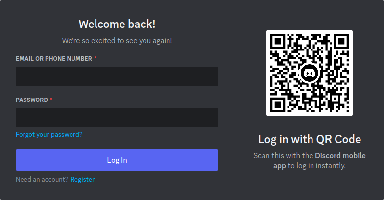 Discord login screen