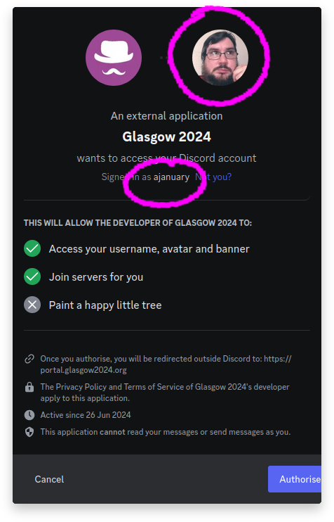 Discord OAuth permission screen with the avatar and username highlighted