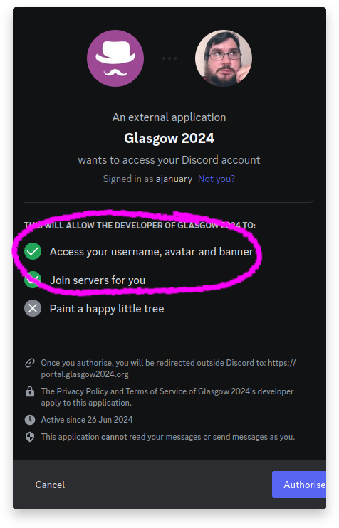 Discord OAuth permission screen with the permissions highlighted