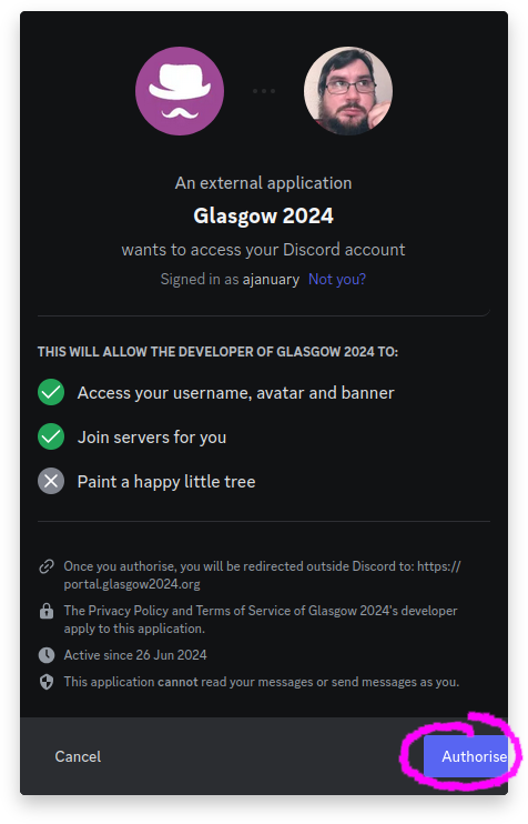 Discord OAuth permission screen with the Authorize button highlighted