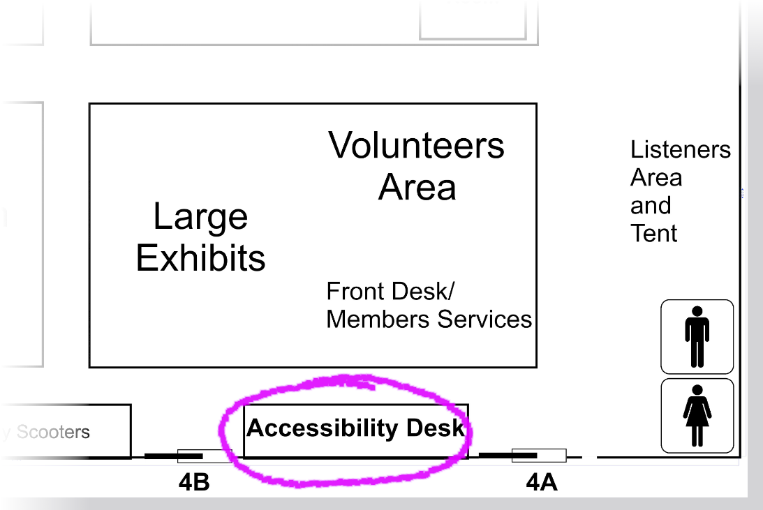 Map of Hall 4 with the Accessibility Desk circled