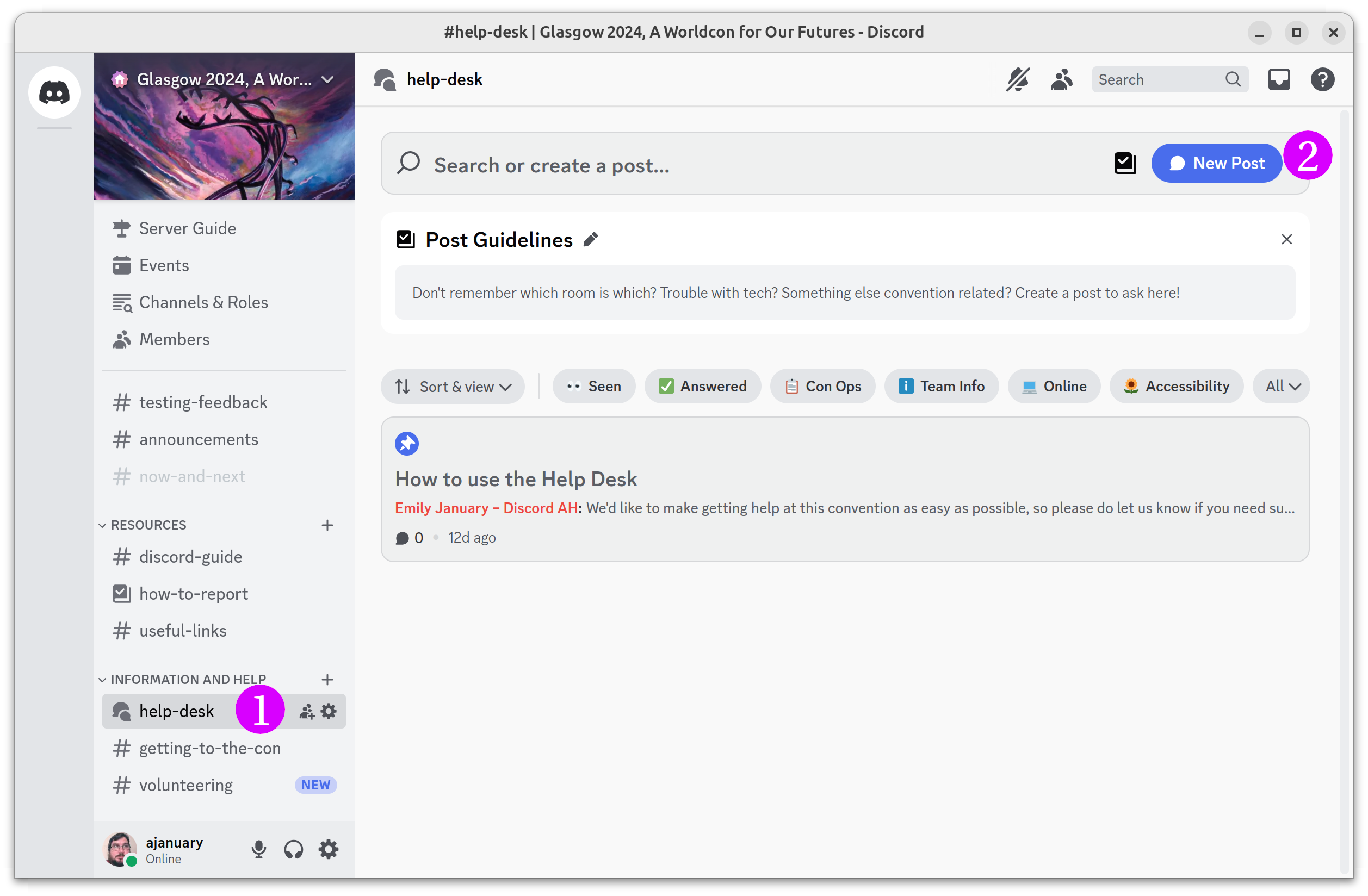 A screenshot of Discord showing the #help-desk channel