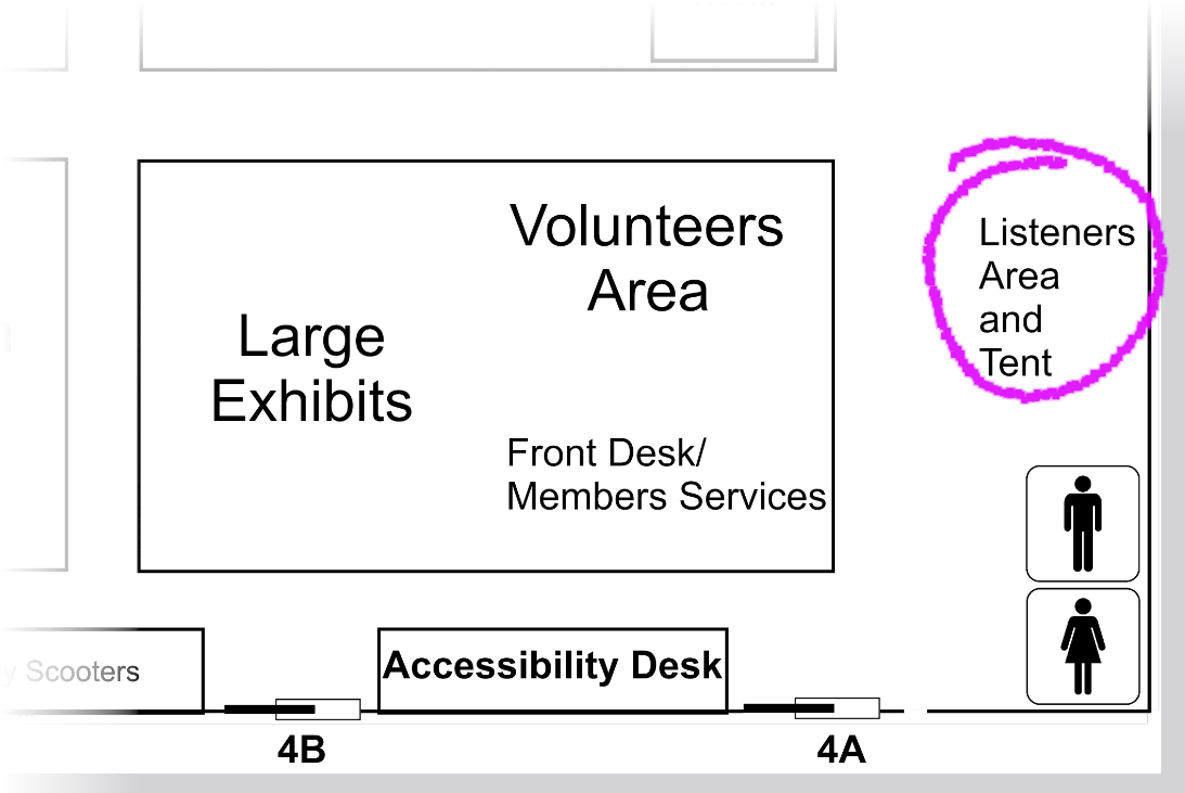 Map of Hall 4 with the Accessibility Desk circled