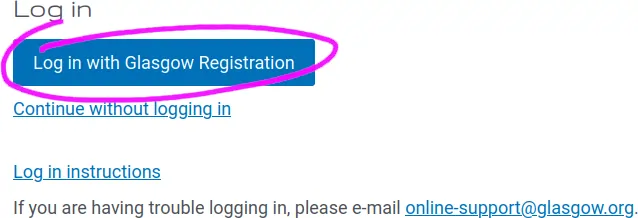 A screenshot of a blue button that says 'Log in with Glasgow Registration'